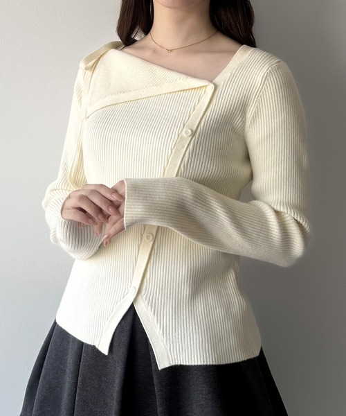 mipiarl ニット セーター ショルダーリボンアシンメトリーリブニット