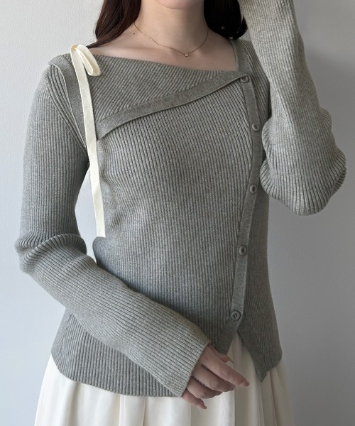 mipiarl ニット セーター ショルダーリボンアシンメトリーリブニット