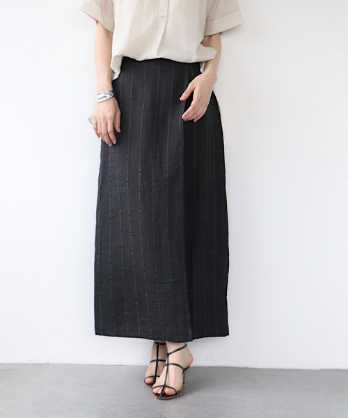 Jines（ジネス） スカート リネンストライプ ラップ風スカート