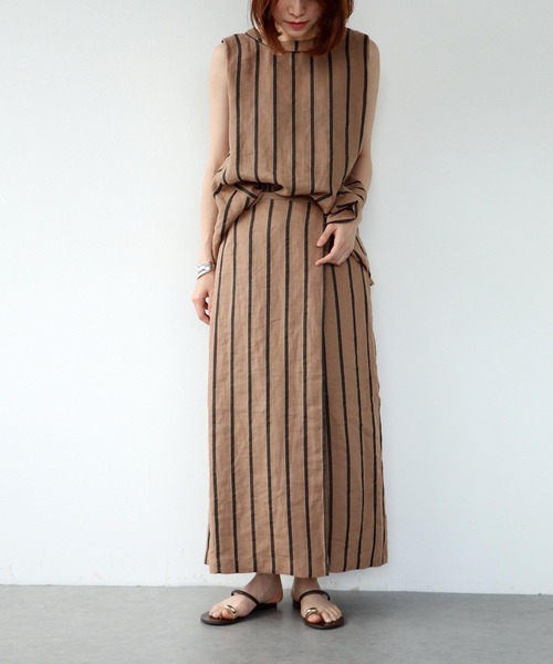 Jines(ジネス) ロング スカート リネンストライプ ラップ風スカート Jines(ジネス) ロング スカート リネンストライプ ラップ風スカート
