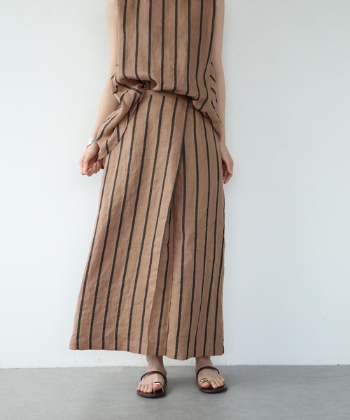 Jines（ジネス） スカート リネンストライプ ラップ風スカート