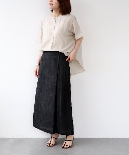 y'sワイズのリネンロングスカート Jines（ジネス） ロング スカート リネンストライプ ラップ風スカート