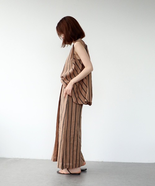 リネンスカート　アンティーク風 Jines（ジネス） スカート リネンストライプ ラップ風スカート
