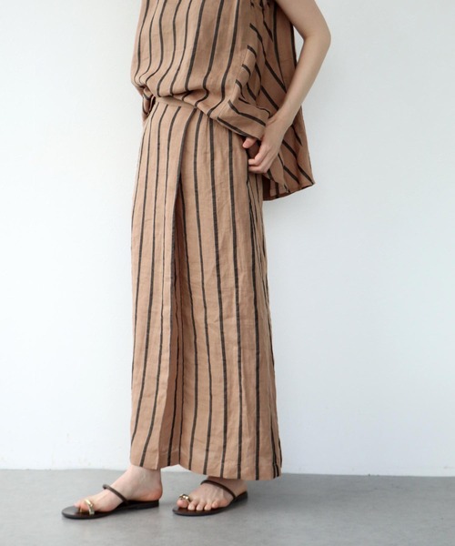Jines（ジネス） スカート リネンストライプ ラップ風スカート