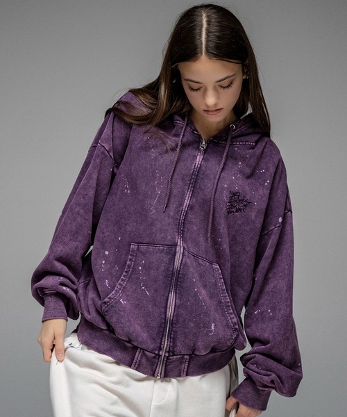 パーカー AW トライバルハート刺繍 フルジップパーカー グランジ加工