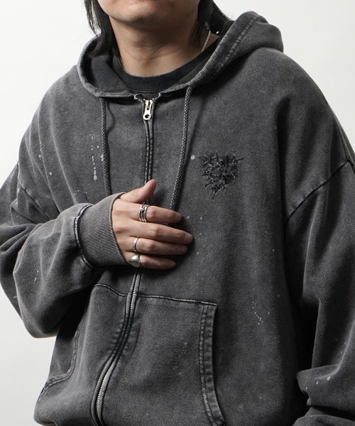 パーカー AW トライバルハート刺繍 フルジップパーカー グランジ加工