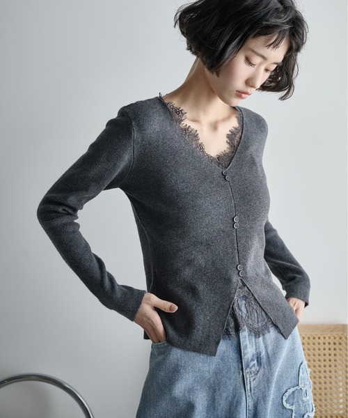 THE Yon ニット セーター レースレイヤードVネックリブニット