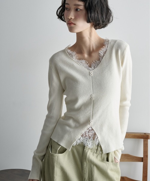 THE Yon ニット セーター レースレイヤードVネックリブニット