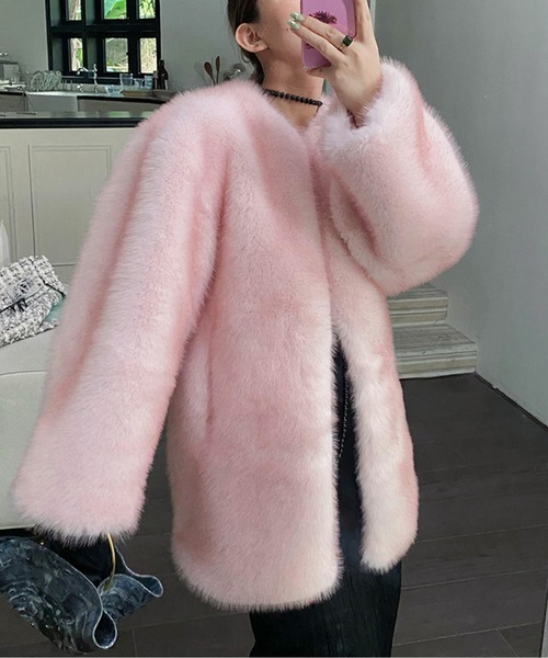 ノーカラーコート コート ノーカラーエコファーショートコート