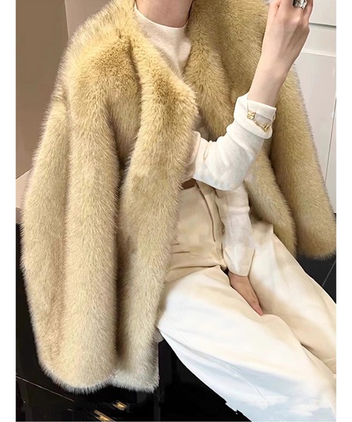 ノーカラーコート コート ノーカラーエコファーショートコート