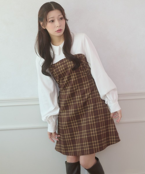 最終値下げブラウンチェック柄ミニワンピースBalloon Tunic スクエアチェックミニワンピース | Remind me and forever(リマインド