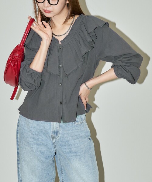 「PUBLUX」 長袖ブラウス フリ- チャコールグレー レディース_画像2