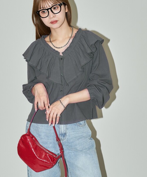 「PUBLUX」 長袖ブラウス フリ- チャコールグレー レディース_画像3