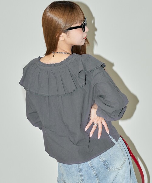 「PUBLUX」 長袖ブラウス フリ- チャコールグレー レディース_画像4