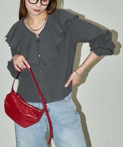 「PUBLUX」 長袖ブラウス フリ- チャコールグレー レディース_画像5