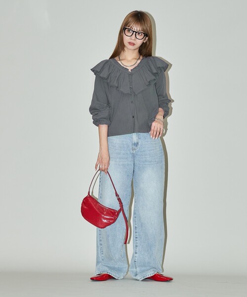 「PUBLUX」 長袖ブラウス フリ- チャコールグレー レディース_画像6