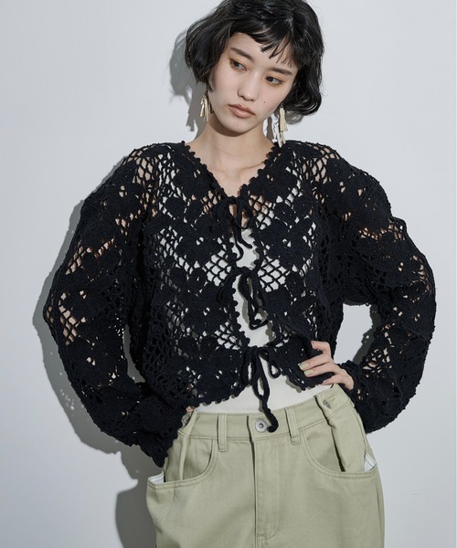 新品♡フラワーモチーフカーデ forksy.】フラワーモチーフクロシェ編みシャツカーディガン forksy