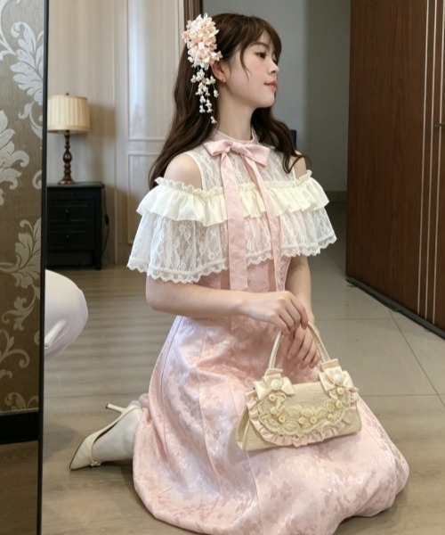 フラメンコ衣装　ワンビース　カーネーション柄　レースフリル袖 gossip!ロサンゼルス ワンピース レトロガーリー 蝶柄レースフリル