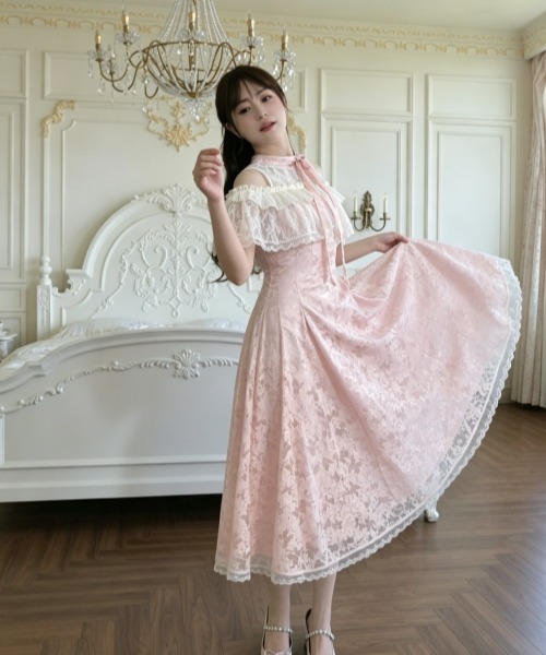 Zimmermann レース ワンピース 花柄 フリル ピンク M 美品 人気 gossip!ロサンゼルス ワンピース 半袖 レトロガーリー 蝶柄レース