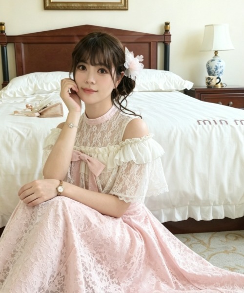 ロイスクレヨン レースフリルワンピース M gossip!ロサンゼルス ワンピース 半袖 レトロガーリー 蝶柄レース