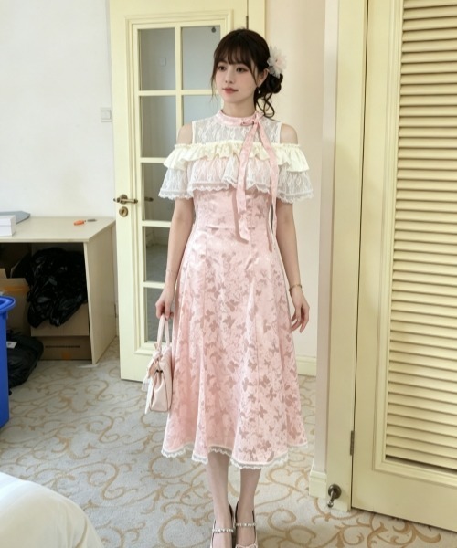 gossip!ロサンゼルス ワンピース 半袖 レトロガーリー 蝶柄レース