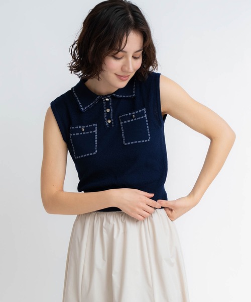 【美品】Ballsey ボールジィ 鹿の子編 半袖 ポロニット ネイビー S NOELA（ノエラ） ニット セーター 鹿の子編みステッチノースリポロ