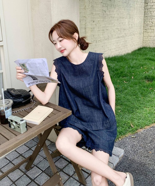 FAVORITO セットアップ デニムノースリーブトップスショートパンツ