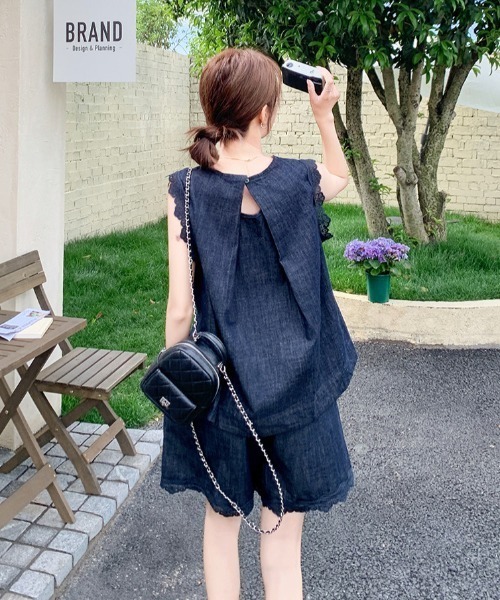 FAVORITO セットアップ デニムノースリーブトップスショートパンツ