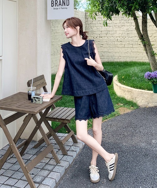 FAVORITO セットアップ デニムノースリーブトップスショートパンツ
