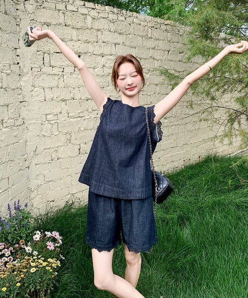 FAVORITO セットアップ デニムノースリーブトップスショートパンツ