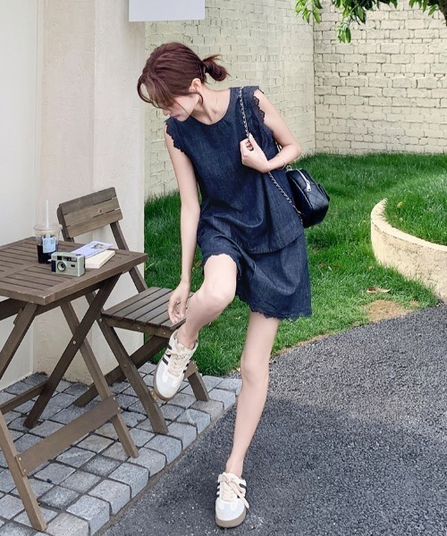 FAVORITO セットアップ デニムノースリーブトップスショートパンツ