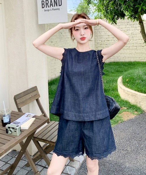 FAVORITO セットアップ デニムノースリーブトップスショートパンツ
