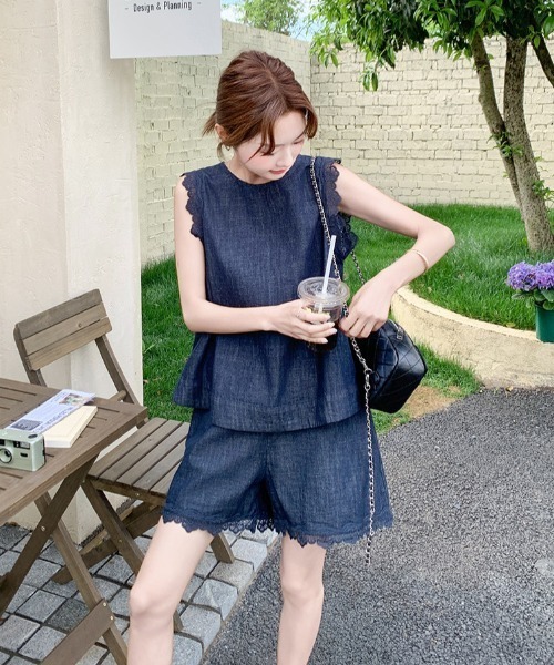 FAVORITO セットアップ デニムノースリーブトップスショートパンツ