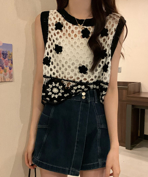 クロシェニットミニジレ c.u.l ベスト ジレ クロシェ編み 花柄ニットベスト culw416