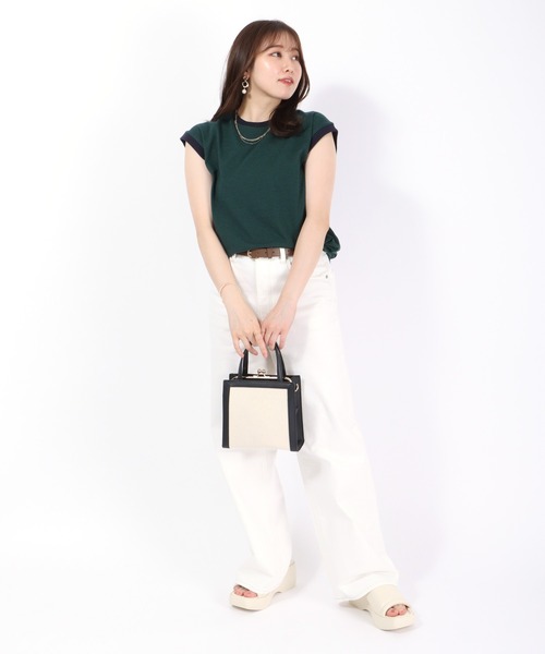 tシャツ ボーダーフリルノースリーブＴシャツ レディース ボーダーハイネックノースリーブTシャツ[品番：ANCW0009687
