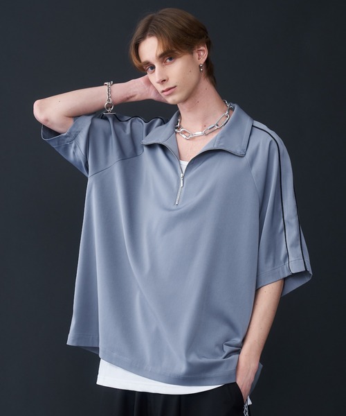 2色 Tシャツ ハーフジッパー トレンディ クール シースルー 大人 KUUUPY tシャツ Drape Piping Half Zip T-Shirt - ドレープ