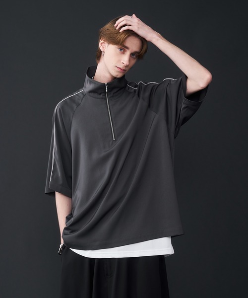 PGG ハーフジップ グレーシャツ KUUUPY tシャツ Drape Piping Half Zip T-Shirt - ドレープ