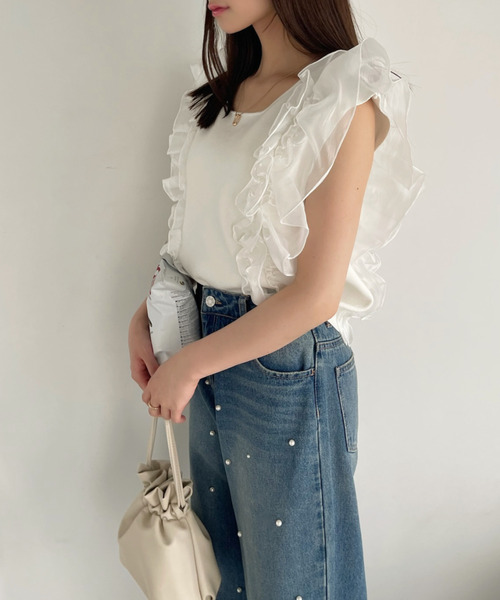 専用♡ カナダ百貨店購入 ティアードフリルのふんわりスリーブニット セール】《5color》ティアードフリルリブニット【洗濯機洗い可