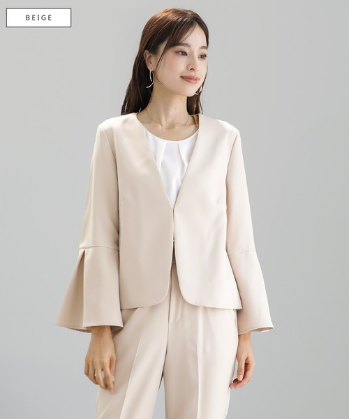 UTAA 透け感ジャケット ホワイト 通勤・セレモニーセットアップ対応》キーネックジャケットダブルクロス