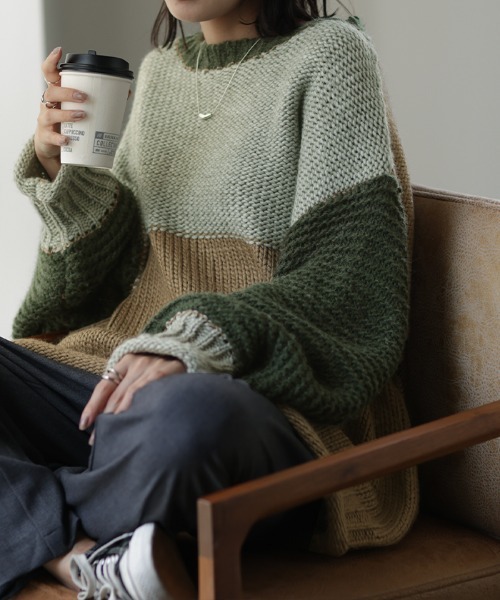 ワン用手編みニット HUG.U ニット セーター ざっくり手編み 配色ニット レディース