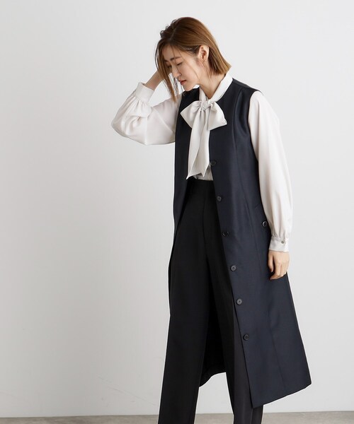 ✨日本製✨ アンプレガント 【S】 2WAY ジレ ワンピース 羽織り 綿 紺 着脱楽々♪フロントファスナーシリーズ】パールモチーフ 2wayジレ