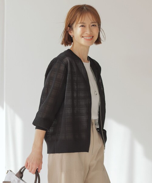 カーディガン 「洗える」SHEER JACQUARD ニット ブルゾン レディース