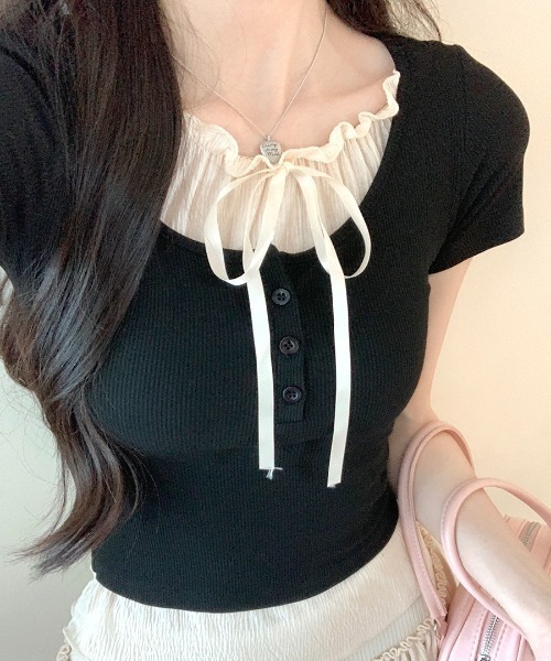 tシャツ フリルリボンネックフェイクレイヤードトップス レディース fit=scale-down,w=1200