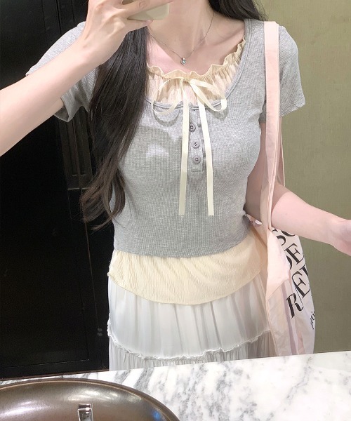 tシャツ フリルリボンネックフェイクレイヤードトップス レディース フェイクレイヤード tシャツ ヘンリーネック レイヤードトップス