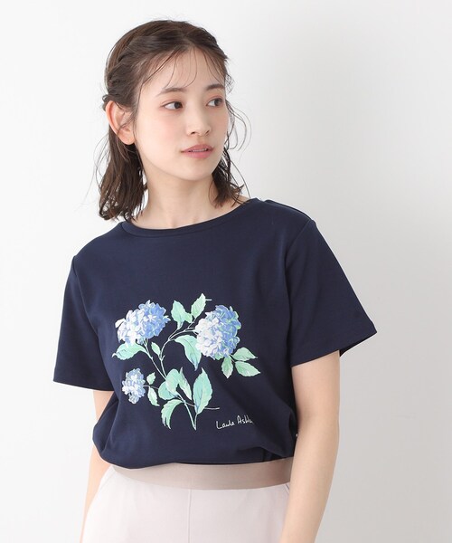 tシャツ 「コットン100％／洗える」ハイドランジア柄Tシャツ レディース