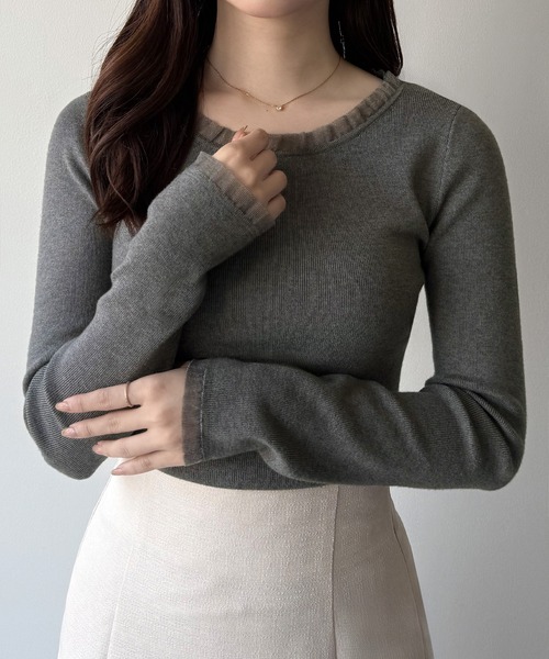 AMERI vintage シアーフリルニットトップス SHEER FRILL V NECK KNIT TOP