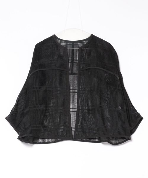 美品♪アドーア リネン混五分袖ノーカラージャケット コート 36 S～M 黒 ADORE ジャケット ノーカラージャケット レノクロスチェック