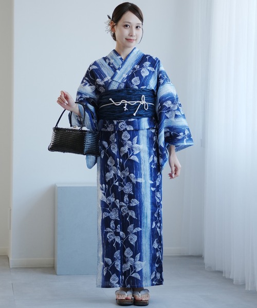 utatane 浴衣 浴衣2点セット 紺ぼかし縞つゆくさ レディース