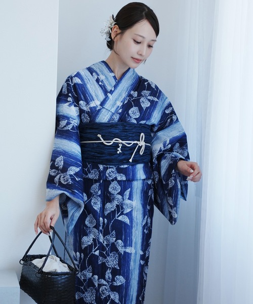 utatane 浴衣 浴衣2点セット 紺ぼかし縞つゆくさ レディース