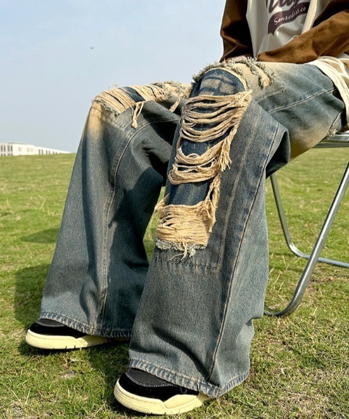 lilful ワイドパンツ ジーンズ クラッシュダメージ加工ワイド 